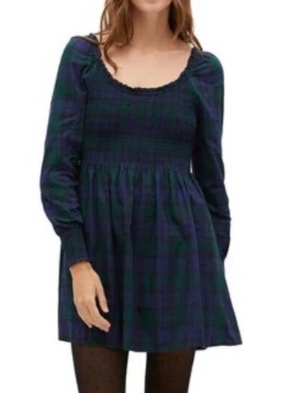 HIll House ‘The Nap Dress” Navy and Green Plaid Smocked mini Dress size S